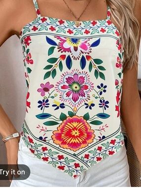 Floral Print Ivory Handkerchief Cami Top Size Small